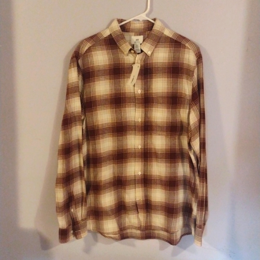 H&M men's M light flannel long sleeve button down, brown plaid
